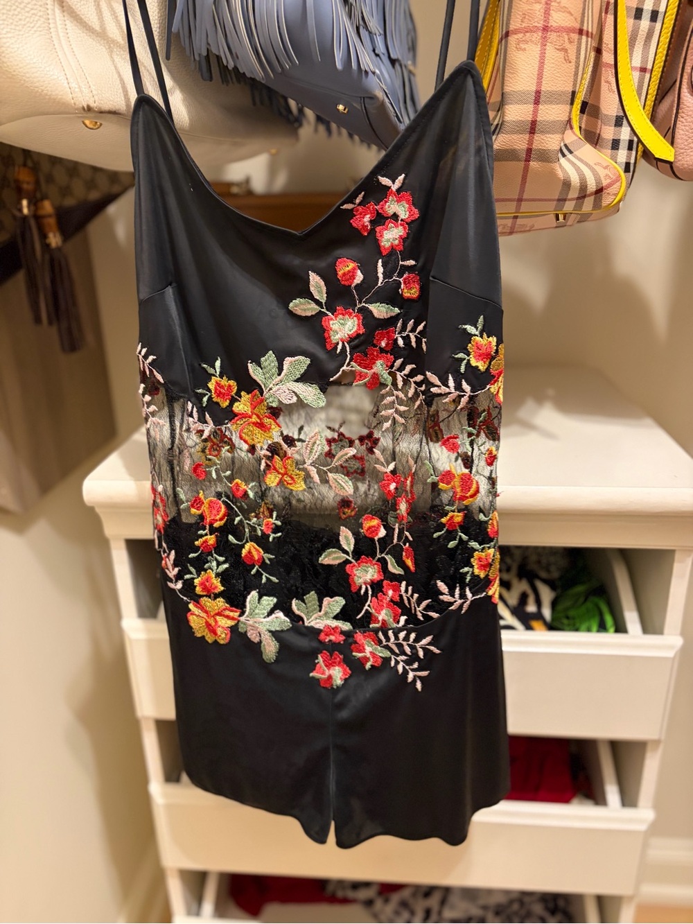 Natori Playsuit Chamise with Red and Yellow Floral Embroidery
